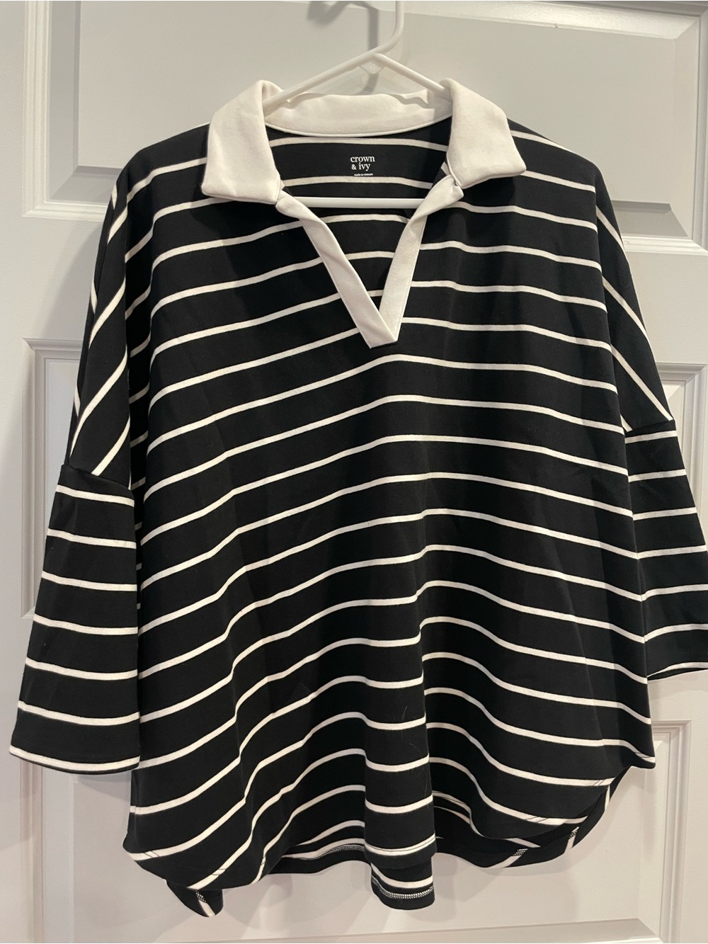 Crown & Ivy Black and White Striped V-Neck Polo Tunic